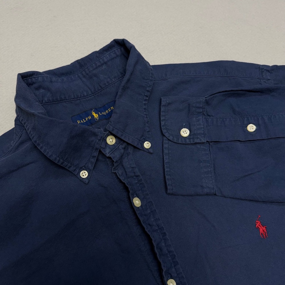 Ralph Lauren Mens XL Navy Blue Cotton Button Down Long Sleeve Shirt Red Pony